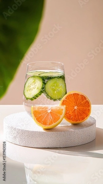 Fototapeta Refreshing cucumber-lemon infused water with vibrant fruit slices for a summer picnic