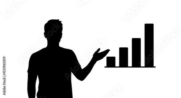 Fototapeta Silhouette of a businessman gesturing towards a growth bar chart on a transparent background