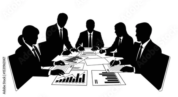 Fototapeta Silhouettes of business team collaborating at a meeting table on a transparent background