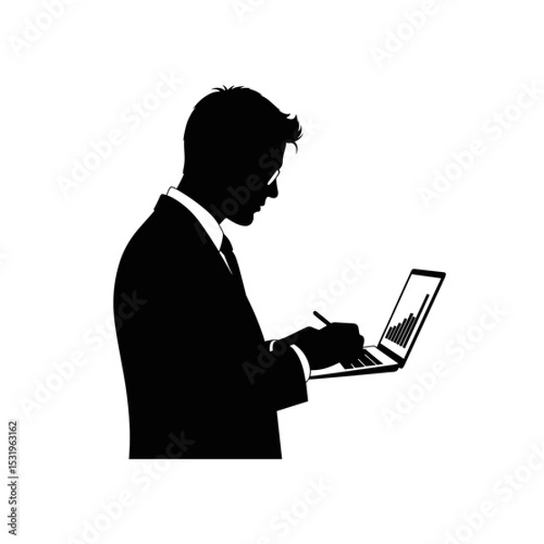 Fototapeta Silhouette of a businessman analyzing data on a laptop on a transparent background