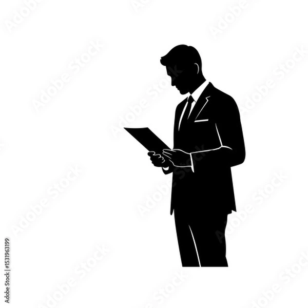 Fototapeta Silhouette of a businessman reading a document on a transparent background
