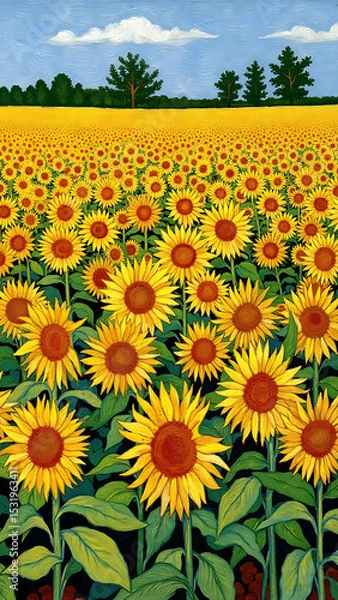 Obraz Vibrant Sunflower Field Under Clear Blue Sky with Green Trees in Background