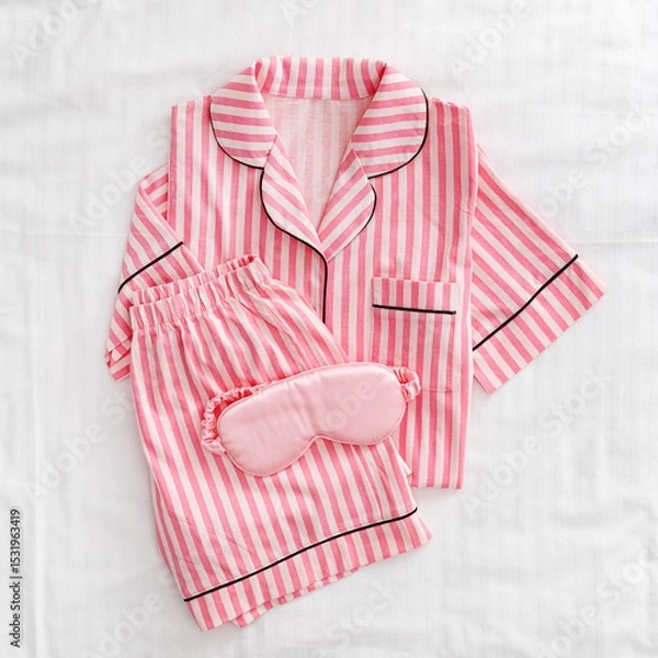 Obraz Striped Pink White Pajama Set with satin pink sleep mask on white sheet. Top view stylish woman home sleepwear from soft cotton on bedclothes. Cozy pyjamas of shirt, shorts for sleeping, flat lay