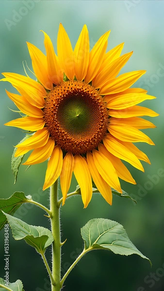 Obraz Bright Yellow Sunflower Bloom with Green Background in Soft Focus