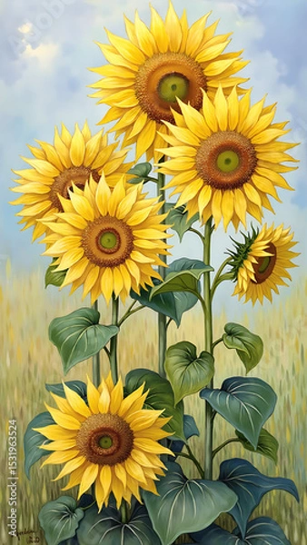 Obraz Vibrant Sunflowers Surrounded by Soft Blue Sky and Golden Fields in a Colorful Landscape Scene