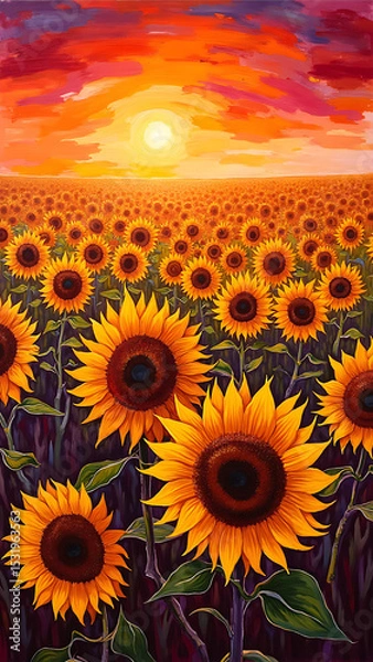 Obraz Vibrant Sunflower Field at Sunset with Colorful Sky and Bright Flowers in Full Bloom