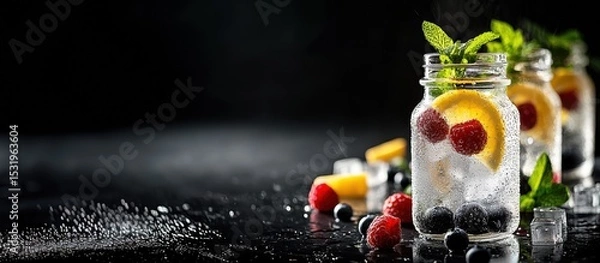 Fototapeta Refreshing berry-infused water in elegant bottles against a minimalistic background