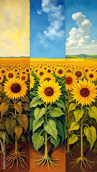 Obraz Vibrant Sunflower Fields Under Blue Sky with Artistic Layers of Nature's Beauty