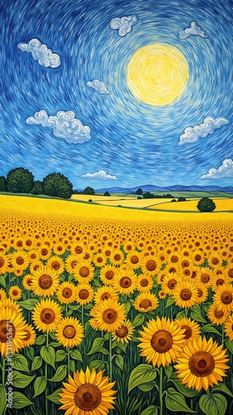 Obraz Vibrant Sunflower Field Under Bright Blue Sky with Sun and Whimsical Clouds