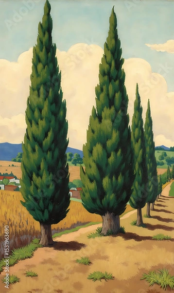 Obraz Tall Green Cypress Trees Line Scenic Pathway Through Beautiful Golden Landscape