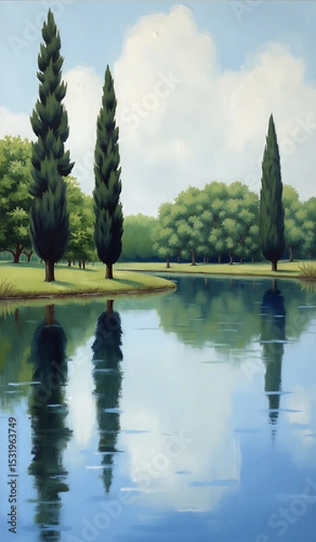 Obraz Serene Landscape with Tall Cypress Trees and Reflection in Calm River Surface