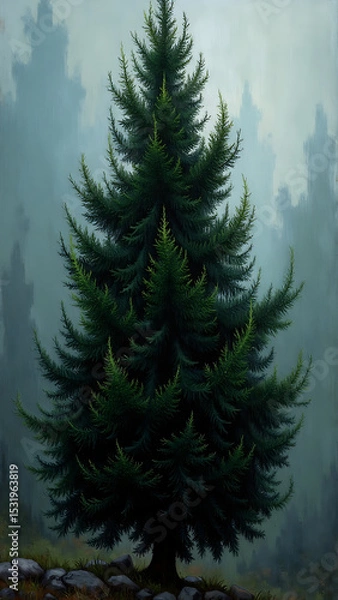 Obraz Lush Green Evergreen Tree Surrounded by Mysterious Misty Forest Environment