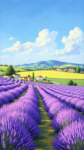 Obraz Vibrant Lavender Field with Rolling Hills and Clouds in Blue Sky Landscape