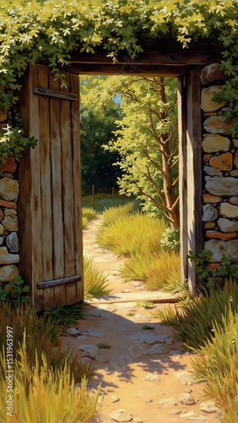 Obraz Charming Rustic Wooden Doorway Framed by Lush Greenery in a Serene Outdoor Setting