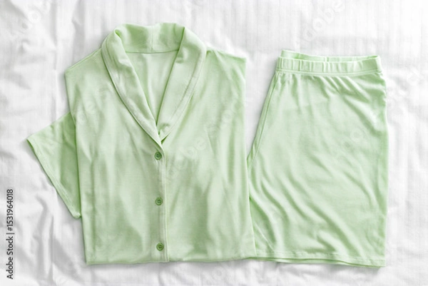 Obraz Top view of folded pastel green pajama set on white bed. Minimal style, cozy, and comfort pyjamas. Sleepwear fashion concepts, selfcare, wellness, calm lifestyle, home aesthetics, or morning routines