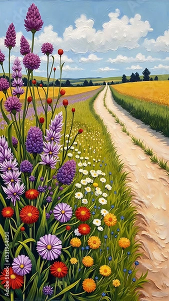 Obraz Colorful Wildflowers Along a Scenic Country Path Under Bright Blue Sky with Fluffy Clouds