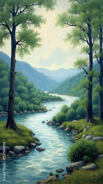 Obraz Serene Mountain Landscape with Lush Green Trees and Tranquil River Flowing Through Hills