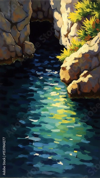 Obraz Tranquil Cove with Calming Waters and Rock Formations in Vibrant Sunset Light