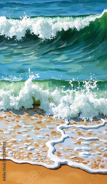 Obraz Vibrant Ocean Waves Crash on Sandy Shore Capturing Nature's Beauty and Tranquility