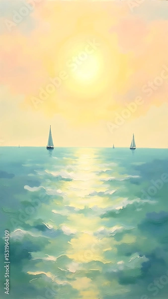 Obraz Serene Seascape with Sailing Boats under a Golden Sunlight and Colorful Sky at Dusk