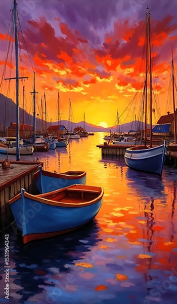 Obraz Serene Sunset Over Vibrant Harbor with Colorful Boats and Reflective Water at Dusk