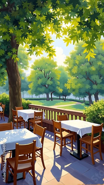 Obraz Serene Outdoor Café Setting Surrounded by Lush Green Trees and Scenic Landscape