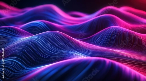 Fototapeta Abstract 3D neon sound wave with blue purple light effects on black background, dynamic glowing lines for music visuals or electronic dance party designs