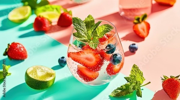 Fototapeta Refreshing berry-infused water with mint and sunlight glimmering on condensation