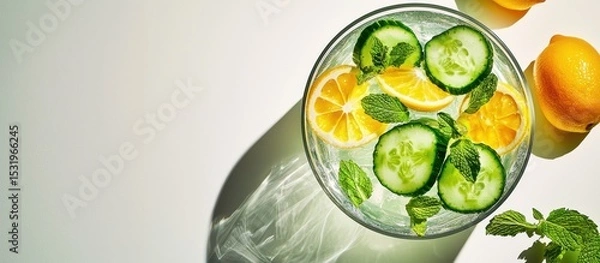 Fototapeta Refreshing sassy water with cucumbers, lemons, and mint on a bright summer morning
