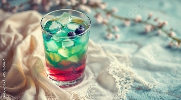 Fototapeta summer cocktail bohemian. A vibrant, layered drink with ice, garnished with blueberries, sits on a soft, textured surface beside delicate floral accents.