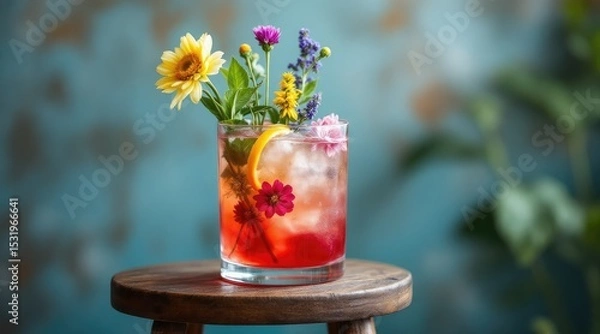 Fototapeta summer cocktail bohemian. A vibrant cocktail garnished with colorful flowers sits on a wooden stool against a soft blue background, creating a refreshing and artistic presentation.