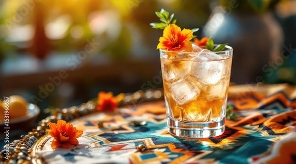Fototapeta summer cocktail bohemian. A refreshing cocktail garnished with vibrant flowers sits on a decorative table, bathed in warm sunlight.