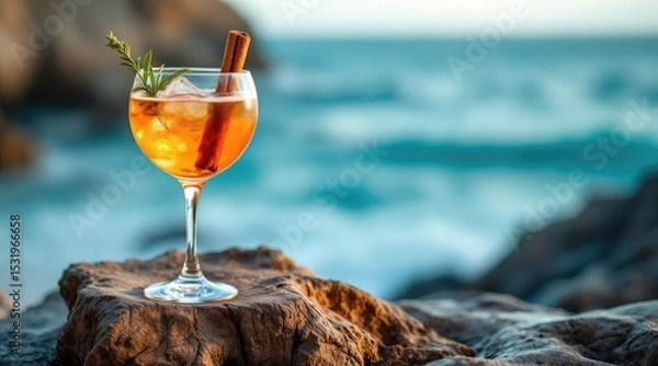 Fototapeta summer cocktail bohemian. A refreshing cocktail on a rocky surface, with waves in the background, evoking a relaxing beach atmosphere.