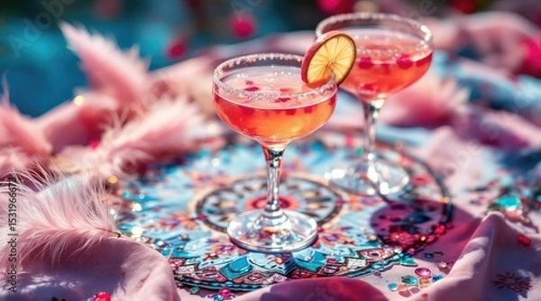 Fototapeta summer cocktail bohemian. Two elegant cocktails with garnishes sit on a vibrant table setting adorned with decorative elements and soft textures.