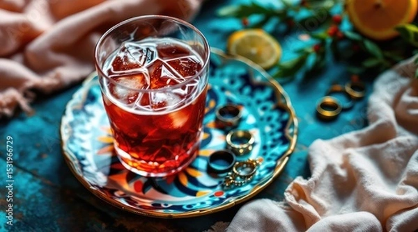 Fototapeta summer cocktail bohemian. A colorful cocktail in a glass with ice, set on a decorative plate, surrounded by greenery and slices of lemon.