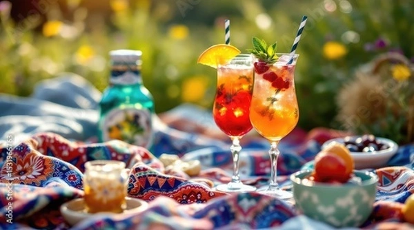 Fototapeta summer cocktail bohemian. Refreshing cocktails served outdoors on a vibrant picnic blanket, surrounded by colorful flowers and a serene atmosphere.