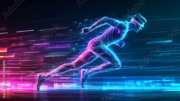 Obraz Dynamic athlete sprinting in neon cityscape digital art futuristic environment action-packed viewpoint