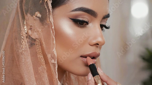 Fototapeta Elegant Woman Applying Nude Lipstick with Peach Veil Emphasizing Bridal Makeup Look. Image made using Generative AI.