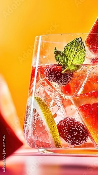 Fototapeta Refreshing berry-infused water in a crystal-clear glass with mint and citrus slices