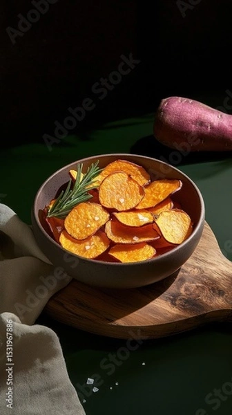 Fototapeta Delicious sweet potato chips arranged on a rustic board with rosemary and sea salt