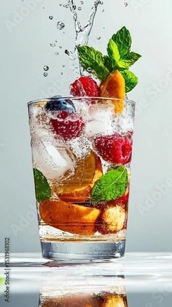 Fototapeta Berry water with fresh fruits and mint splashes in a glass, perfect for summer refreshment