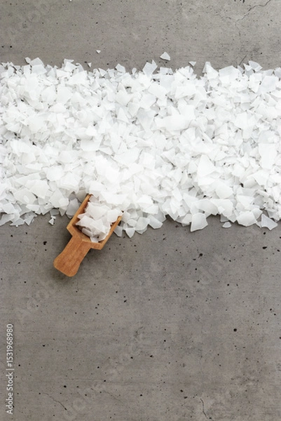 Obraz Top view of magnesium flakes scattered from scoop. Natural sea salt as wellness or spa products for bath or relaxation, self-care or sustainable living, Wellness and Body Function Enhancement