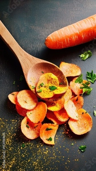 Fototapeta Delicious crispy carrot chips with turmeric powder captured in soft ambient lighting