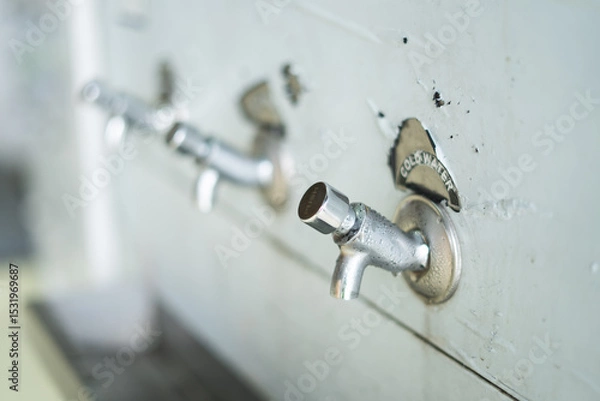 Fototapeta cold water taps on an old public drinking water dispenser 