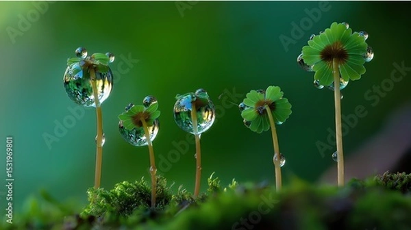 Fototapeta Macro Photo of Four-Leaf Clovers on Mossy Sticks - Enchanting Water Droplets Reflecting Vibrant Green Leaves
