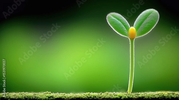 Fototapeta Macro Photography of Heart-Shaped Pot Seedling Growth - Yellow Bud Sprouting on Green Background (Nature Theme Design/Commercial Material)
