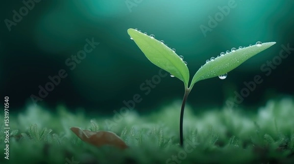 Fototapeta Dewdrop Seedling Growth with Moss and Leaf Bokeh, Macro Lens Detail for Eco-Friendly Design and Nature Education