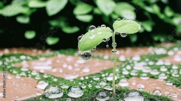 Fototapeta Close-Up of Water Droplets Forming Seedling on Ground with Moss and Green Leaves, Symbolizing New Life and Environmental Diversity