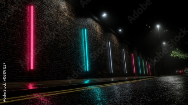 Obraz Rays neon light on neon brick wall with wet asphalt. Empty scene. Copy space