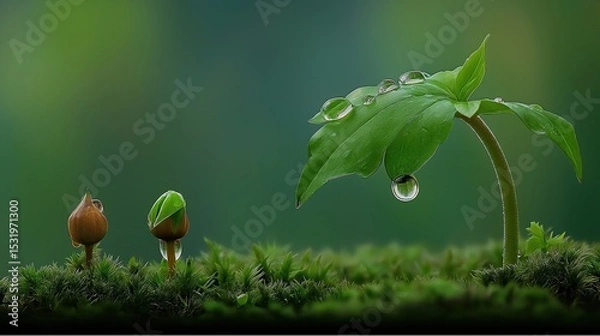 Fototapeta Sprout with Dewdrops and Seed on Moss, Macro Hyper-Realistic Green Photography for Eco Design and Nature Education